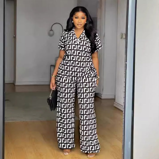 European And American Printed V-neck Pleating Wide Leg Pants Two-piece Set