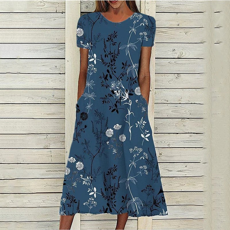 Printed Short Sleeve Pullover Round Neck Dress