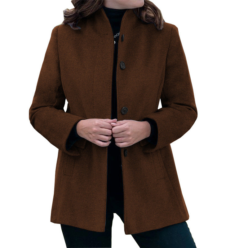 Autumn And Winter Simplicity Long Sleeve Lapel Button Slim-fit Woolen Coat Women