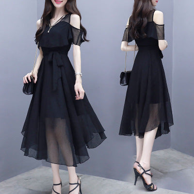 Short Sleeve Irregular Black Slim-fit Midi Dress