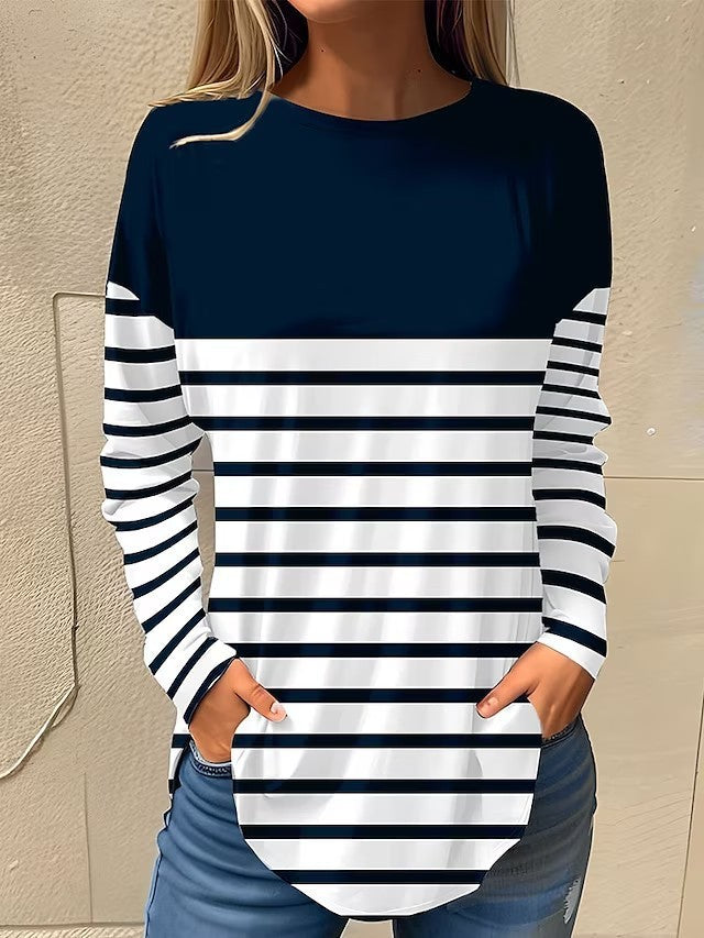 T-shirt à manches longues et col rond pour femme, style décontracté, grande taille