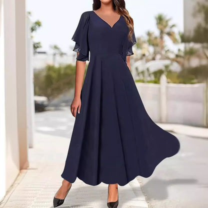 V-neck Ruffle Cuff Elegant Plain Dress Women