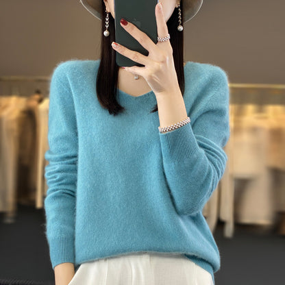 Women's Wool Sweater V-neck Autumn And Winter New Solid Color Loose-fitting Versatile Wool Loose Bottoming Shirt