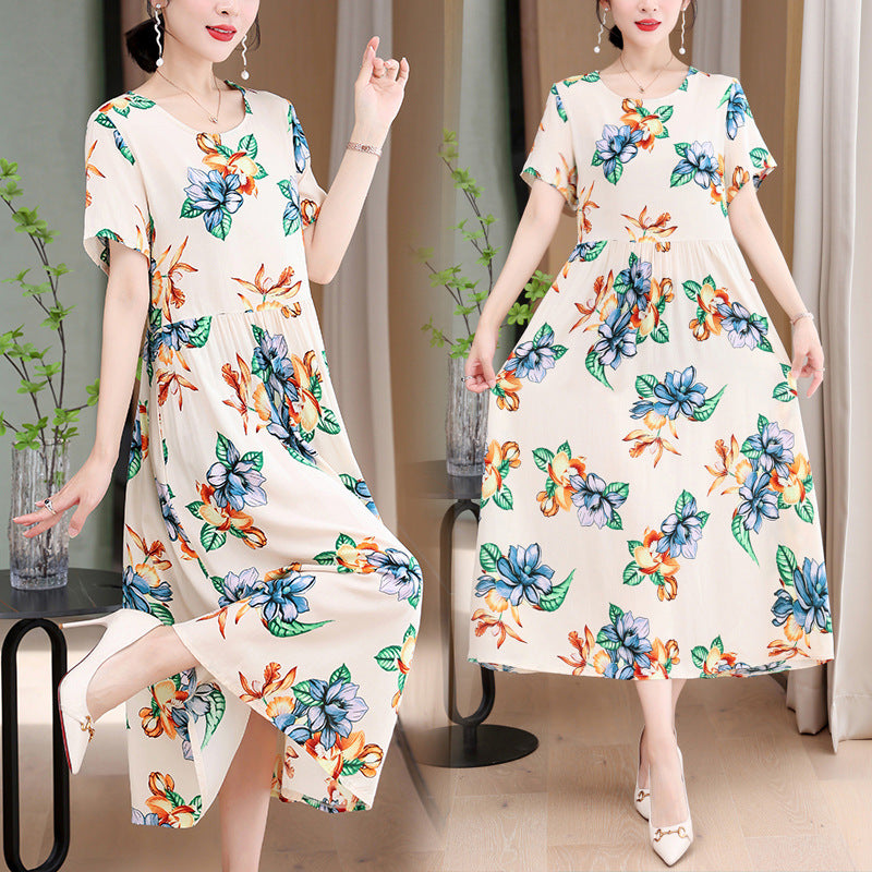 Casual Extra Large Size Cotton Silk Mother Loose Dress Women