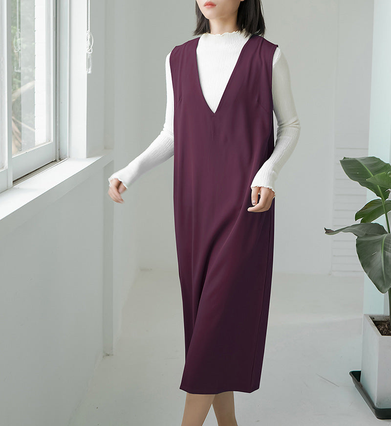 Robe longue sans manches à col en V et au-dessus du genou, couleur unie, automne et hiver