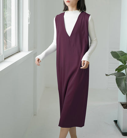 Autumn And Winter Sleeveless V-neck Overknee Long Dress Solid Color