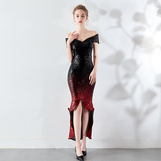 Women's Chest Wrap See-through L Gradient Sequin Package Hip Dress