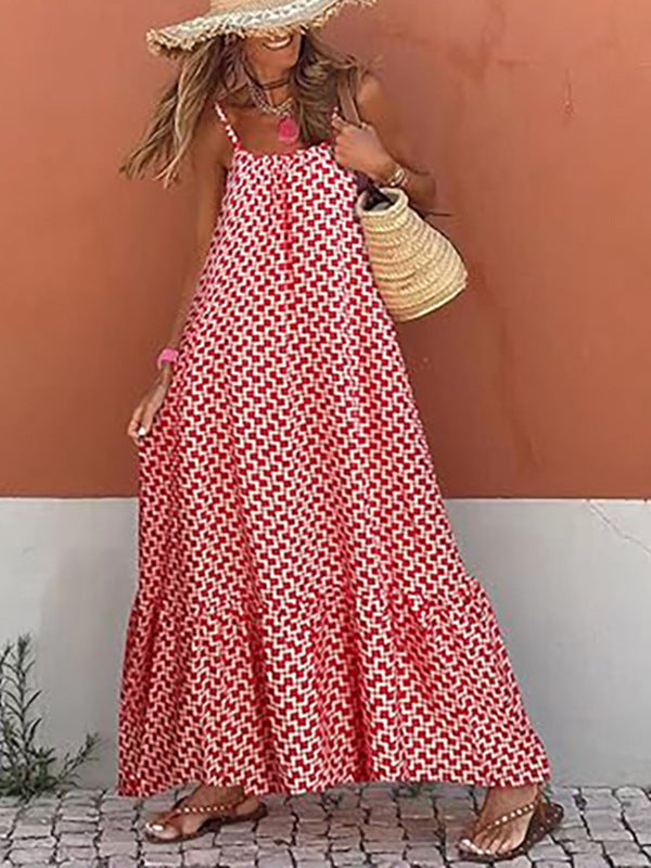 European And American Bohemian Vacation Style Wooden Ear Girl Print V-neck Brace Loose Long Dress