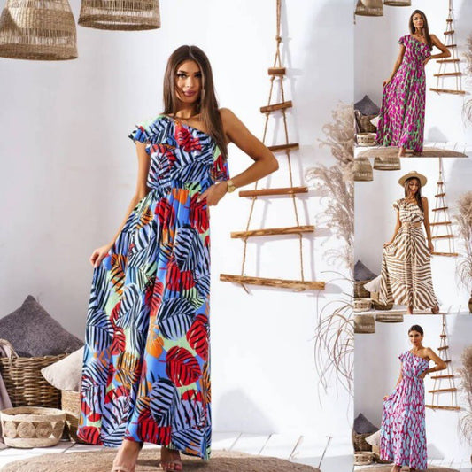 Europe New Off-the-shoulder Fitted Waist Printed Long Dress