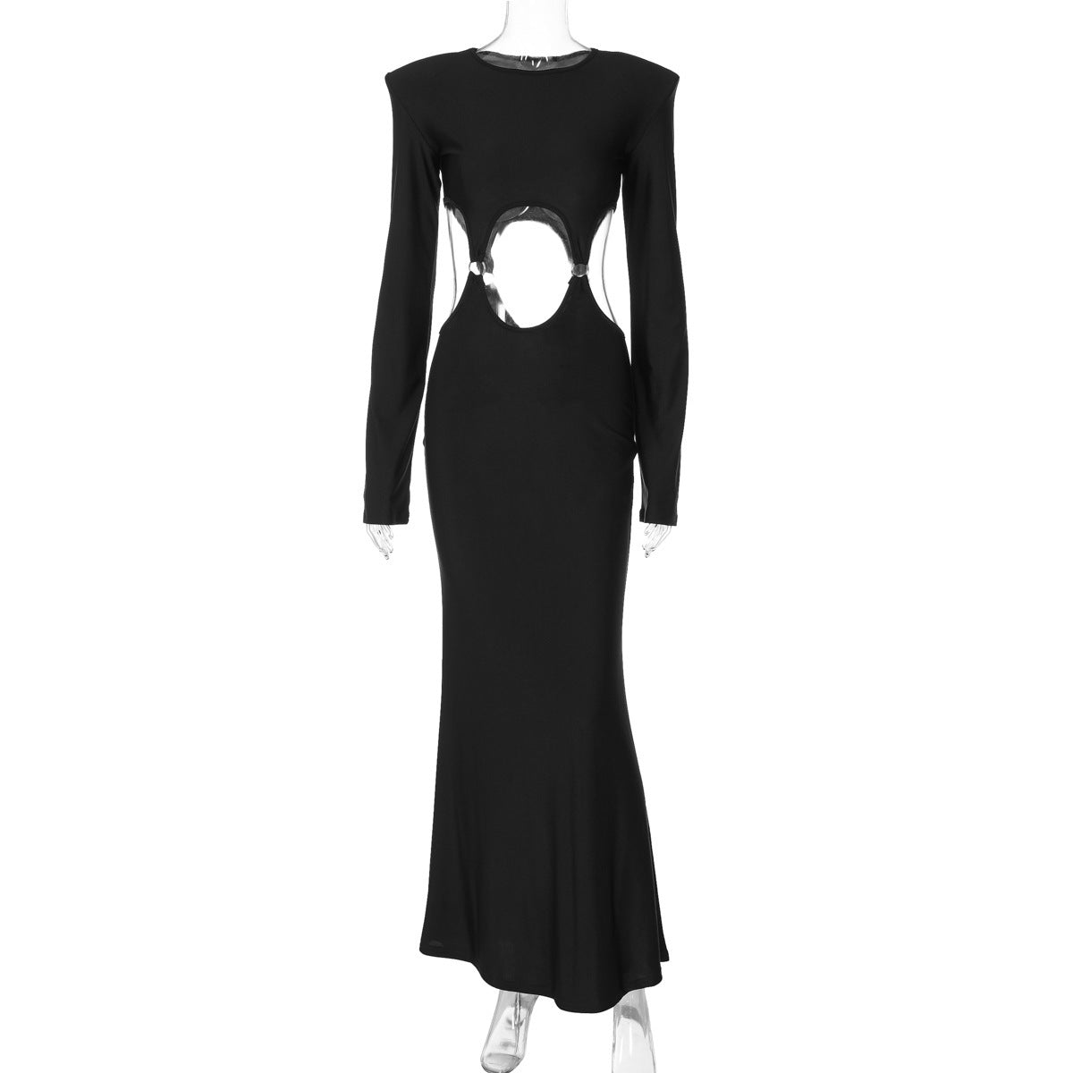 Long Sleeve Solid Color Round Neck Sexy Cutout Slim Fit Dress