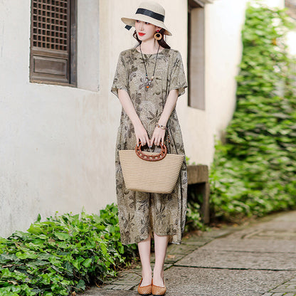 Vestido informal versátil de algodón y lino con estampado floral para mujer