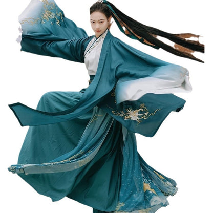 Hanfu Embroidered Large Sleeves Cross Collar Waist Jacket And Dress