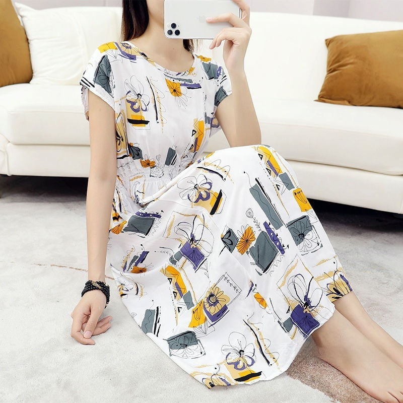 Floral Short Sleeve Dress Elastic And Waisted Slimming