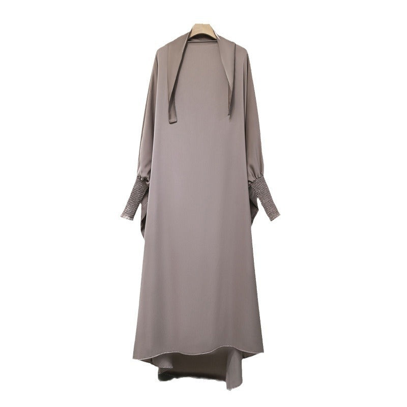 Casual Loose Robe With Headscarf Muslim Dress Solid Color Long Robe