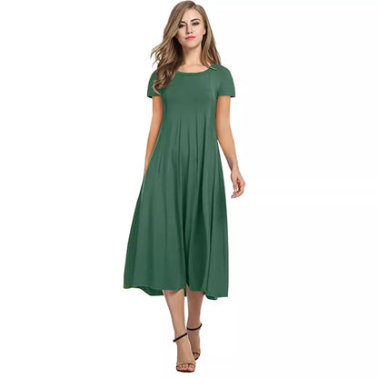 Round Neck Shirt With Half Sleeve Solid Color Wide Hem Dress