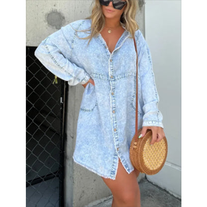 Robe chemise ample en denim délavé pour femme