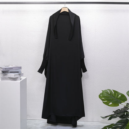 Casual Loose Robe With Headscarf Muslim Dress Solid Color Long Robe