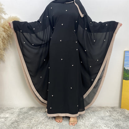 Middle East Turkey Fashion Chiffon Patchwork Elegant Loose Muslim Robe Bat Sleeve Dress