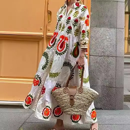 Vestido suelto con varias hebillas y una hilera de manga larga con estampado de solapa para mujer