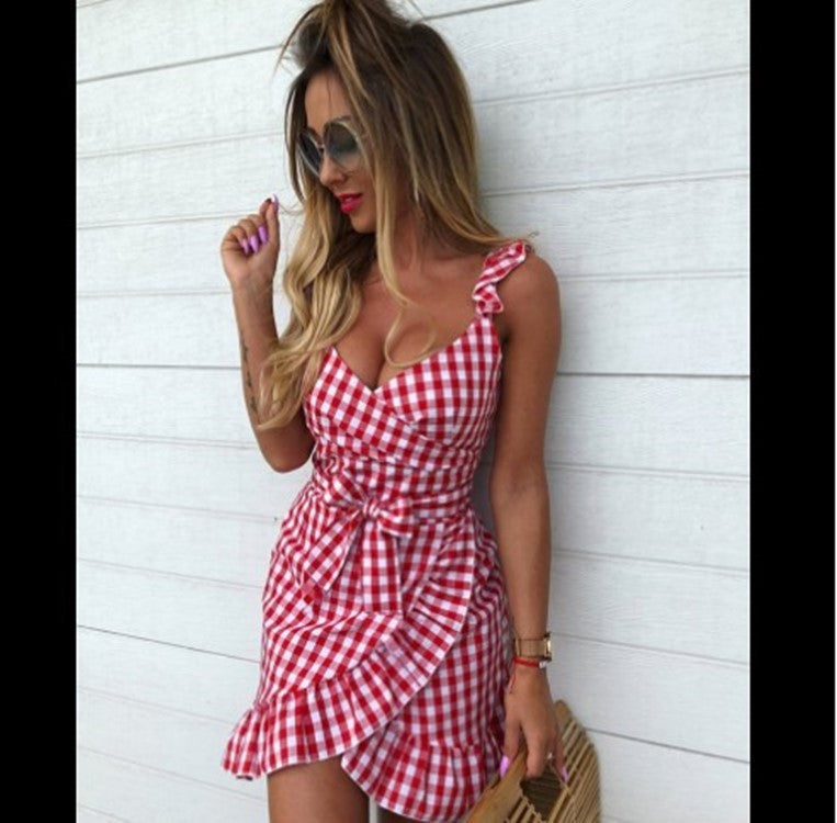 Women's Fashion Personality Plaid Drawstring Dress