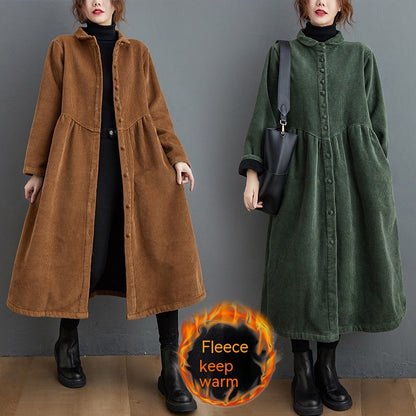 Manteau décontracté en velours côtelé à manches longues pour femme, vêtement artistique rétro, ample, doublé de polaire, automne et hiver