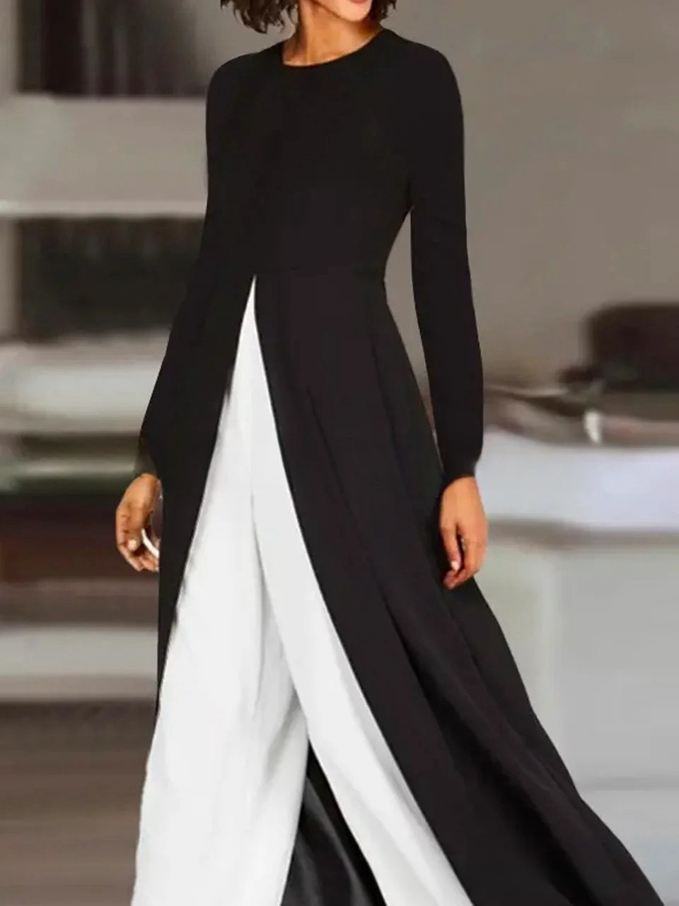 High Open Round-neck Long-sleeved Dress Solid Color Pants Fashion Suit