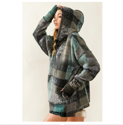 Fashion Color Plaid Hooded Pullover Fleece Sweater Women's Clothing