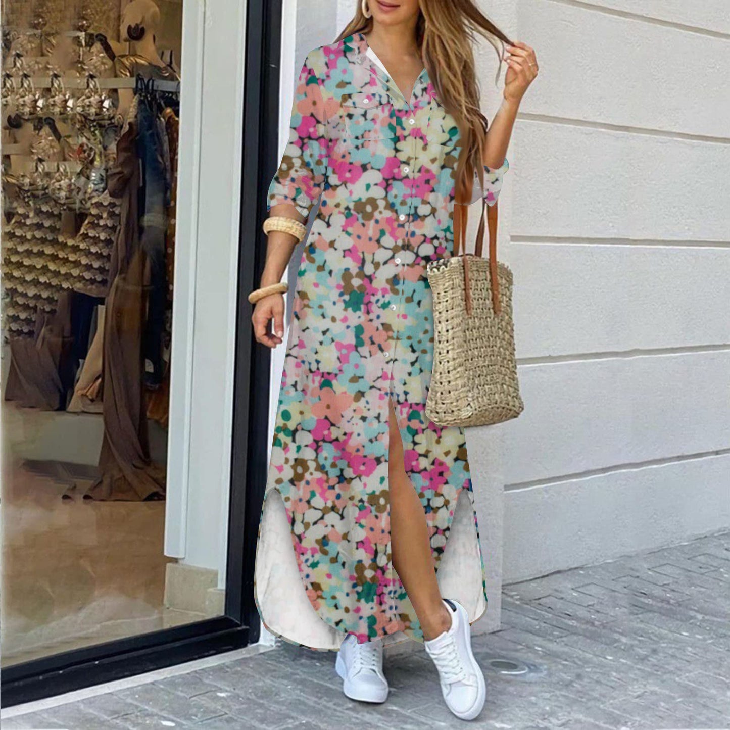 Floral Print Shirt Long Dress