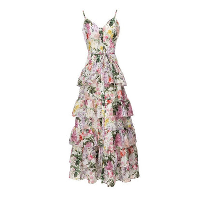 New Elegant Single-breasted Spaghetti-strap Floral Print Ruffled Large Swing Dress