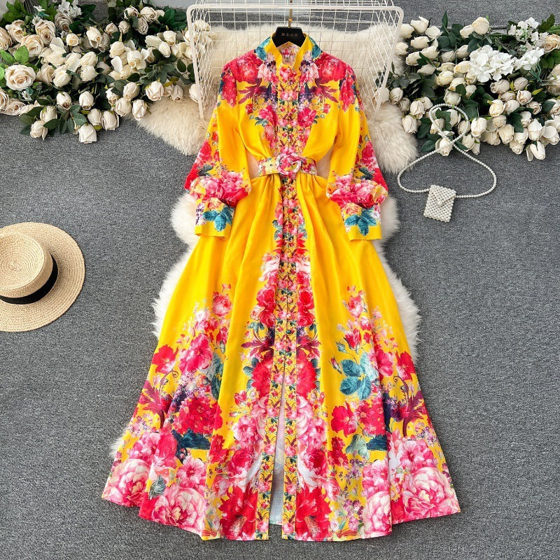 Women's Spring And Autumn New High-grade Stand Collar Lantern Long Sleeve Waist-tight Printed Dress