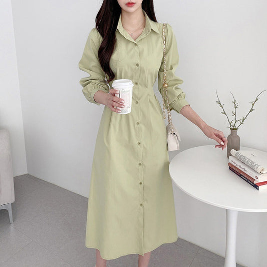 Polo Collar Temperament Waist-controlled Slimming Puff Sleeve Tied Dress