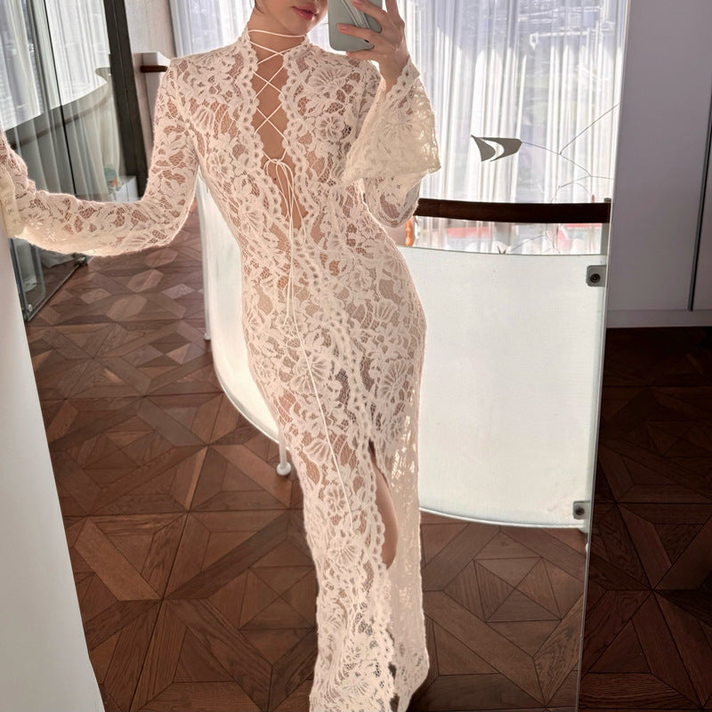 Robe à manches longues fendue micro-transparente en tricot ajouré pour femme