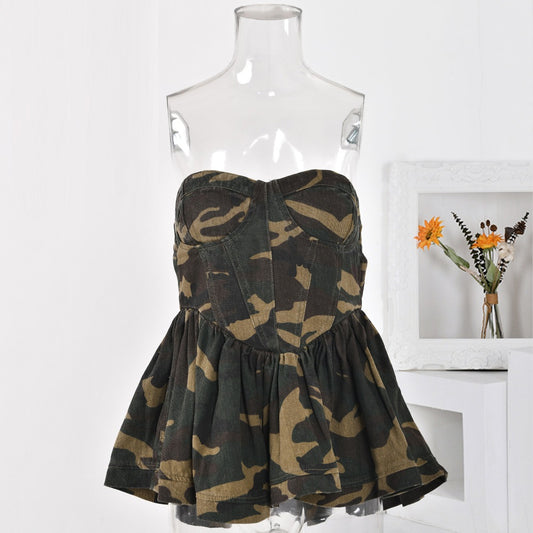 Camouflage Tube Top Women's Ruffled Fitted High Waist Niche Sleeveless Vest