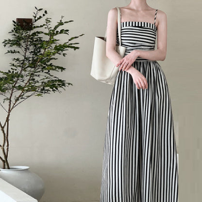 French Striped Bandeau Sling Dress High-grade Off-the-shoulder Pleated Waist Tight