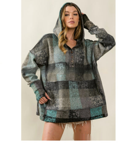 Fashion Color Plaid Hooded Pullover Fleece Sweater Women's Clothing