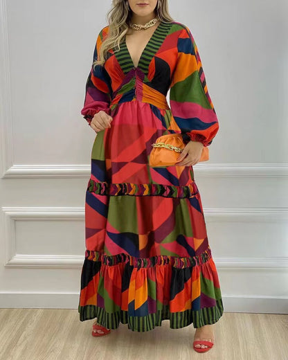 Robe longue imprimée à col en V d'automne