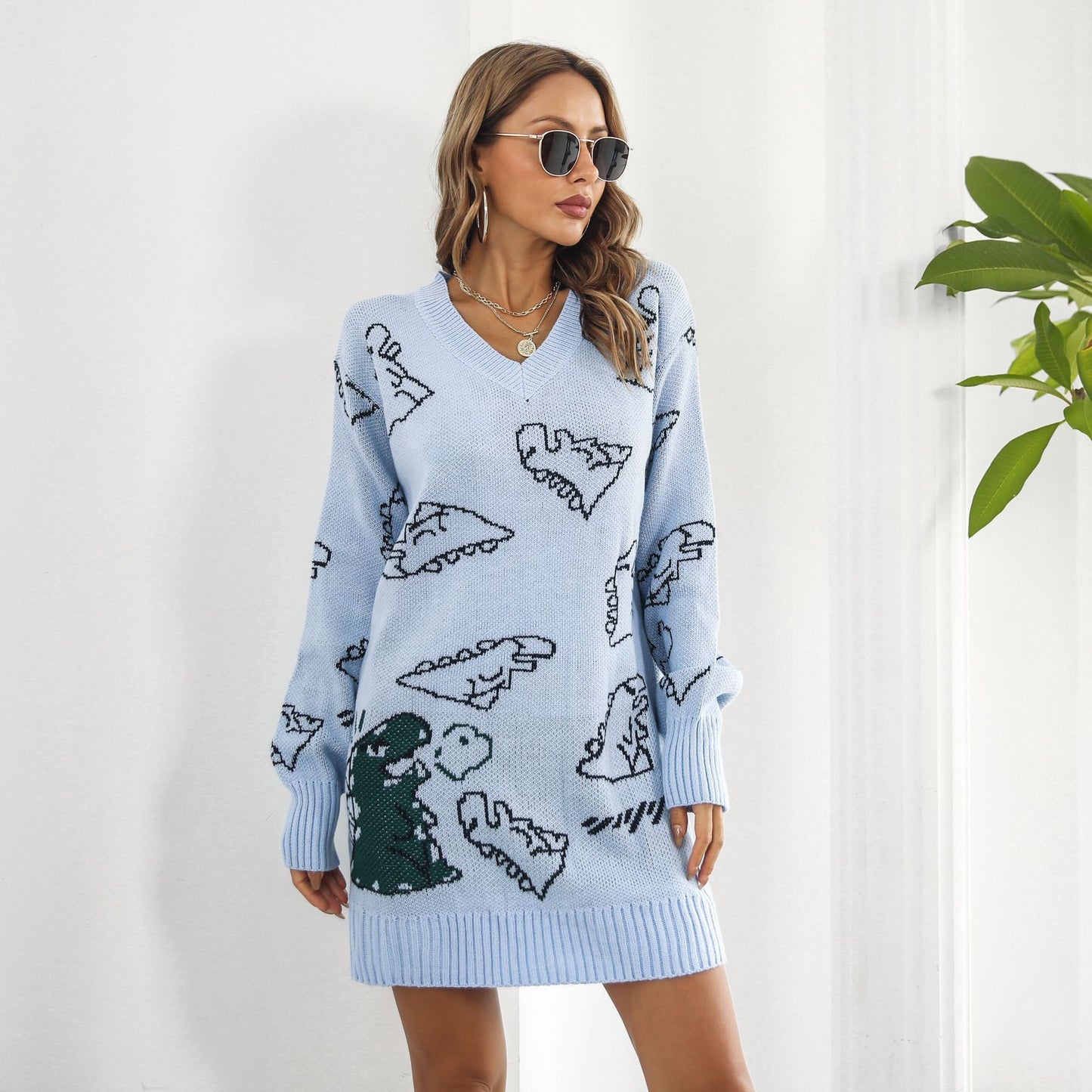 Cute Dinosaur Cartoon Jacquard V-neck Long Sleeve Sweater Dress Women's Loose Knitted Dress Autumn And Winter