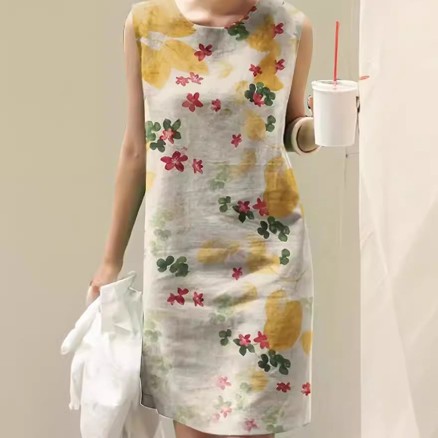 Women's Vintage Floral Print Round Neck Sleeveless Dress