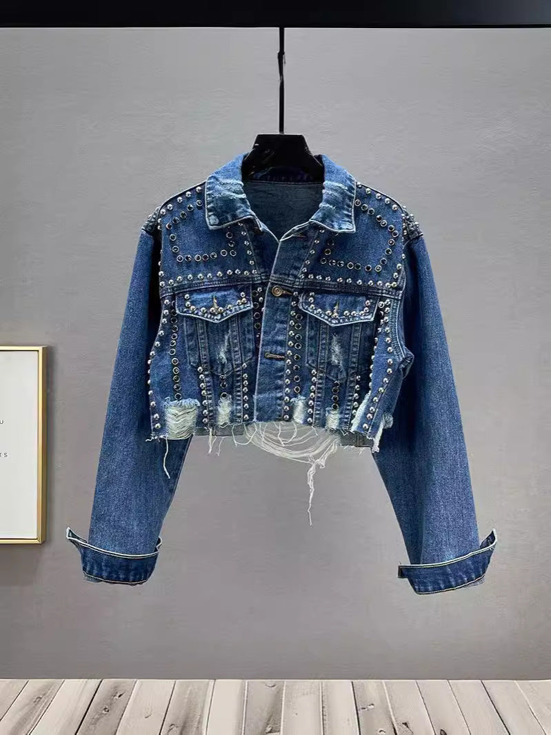 Denim Coat Women's Worn Beaded Jacket Top