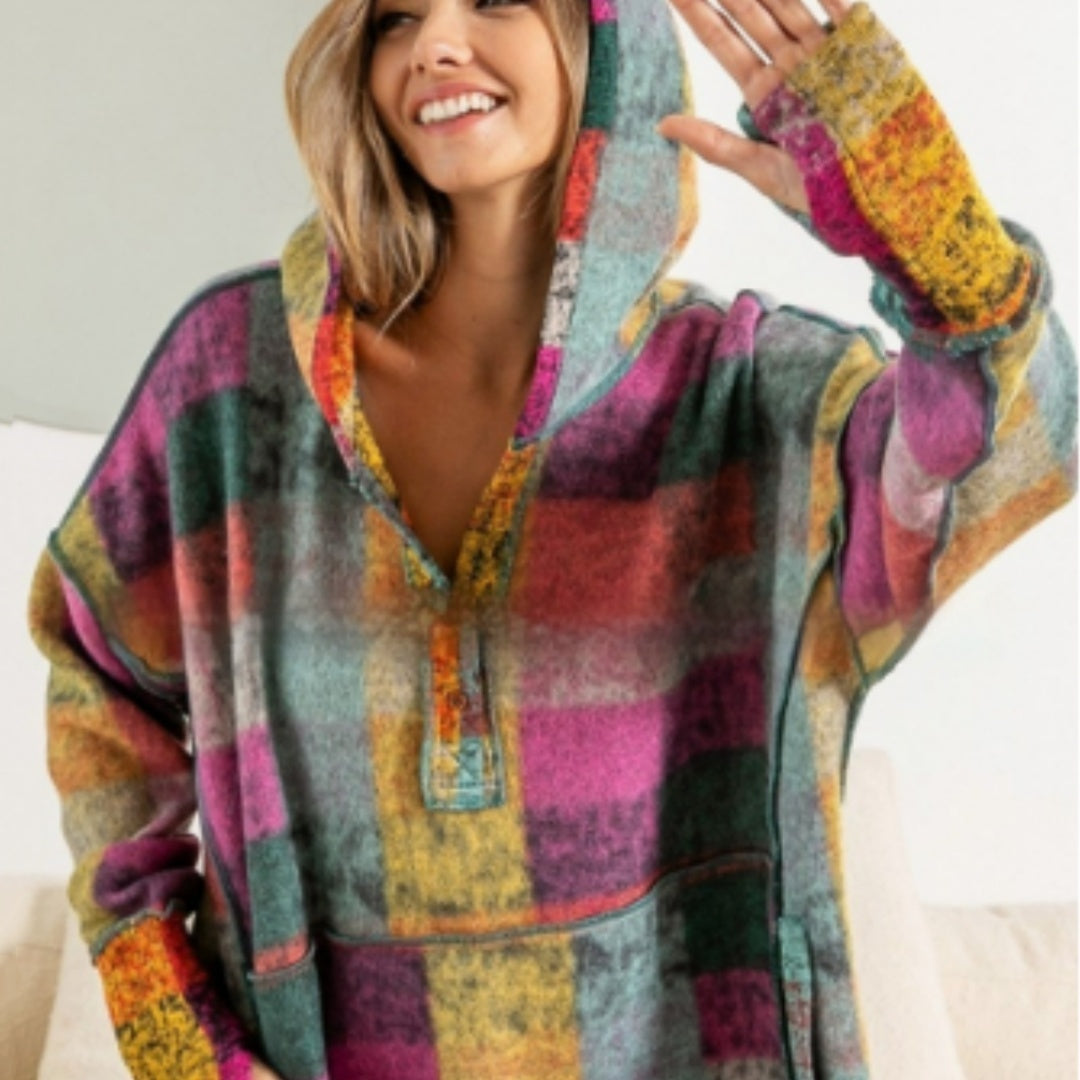 Fashion Color Plaid Hooded Pullover Fleece Sweater Women's Clothing