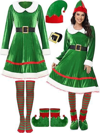 Traje de duende navideño para mujer, vestido de terciopelo, cinturón, calcetines hasta la rodilla a rayas