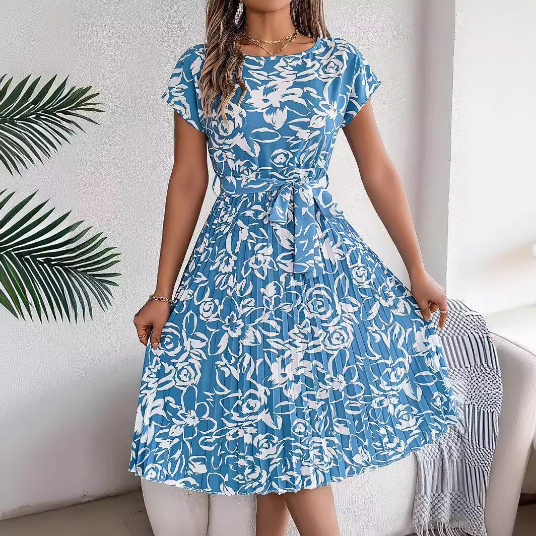 Vestido plisado de manga corta con dobladillo grande y flores elegantes de estilo europeo y americano