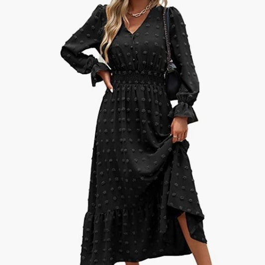 Bohemian Long Sleeve V-neck Polka Dot Dress