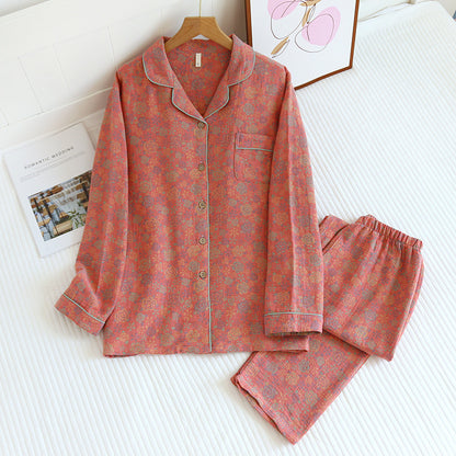 Women's Spring And Autumn Lapel Rose Double-layer Cotton Yarn Long Sleeves Home Wear Suit