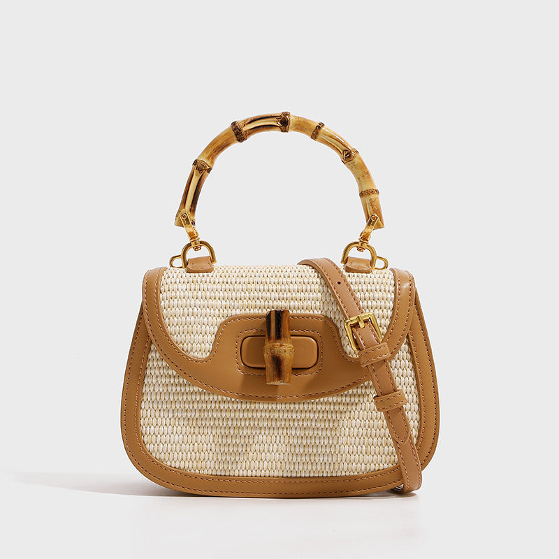 Portable Semicircle Woven Bamboo Handle Bag