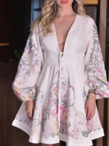 Robe pour femme avec jupe courte à manches lanternes et imprimé sexy en V profond