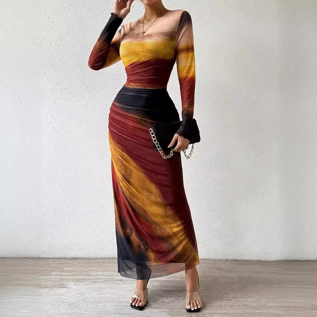 Robe longue à manches longues tie-dye pour femme, coupe ajustée, tendance