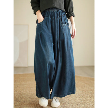 Wide-leg Jeans Elastic Waist Washed Wear-white Loose Slimming And All-matching Trousers For Women