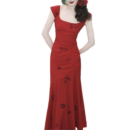 French Red Rose Fishtail Skirt Women's Bright Red Square Collar Holiday Vest Camisole Dress