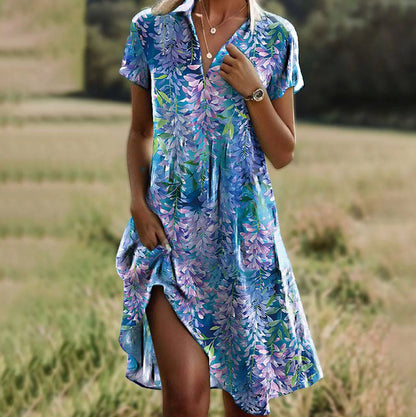 Round Neck Short Sleeve Bohemian Print Dress